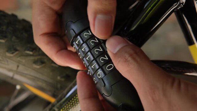 A person's hand unlocking a bicycle cable lock with number combination. Security system. Does not show the face.