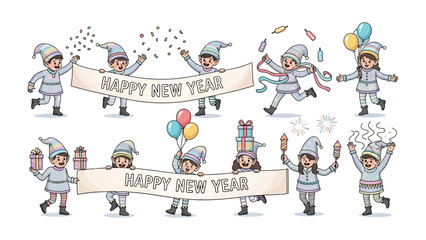 New Year's Elves Celebration: A festive illustration of cheerful elves engaged in lively New Year celebrations, holding banners, gifts, and balloons to herald the start of a new year.