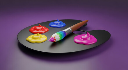 Paintbrush with Rainbow Bristles on Palette with Red Yellow Blue Pink Paint artist