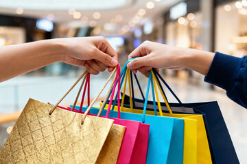 Excited shoppers holding colorful shopping bags full of purchases in a modern shopping mall