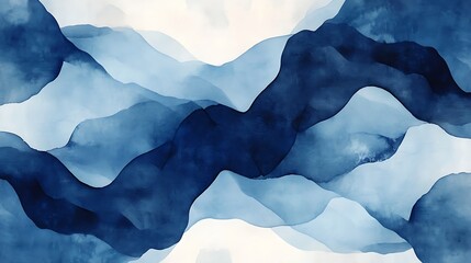 Beautiful watercolor layers of varying blue tones gently form serene abstract mountain ranges or rolling waves