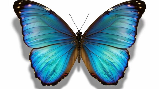 Vivid blue butterfly with intricate wing patterns and delicate antennae resting against a white background