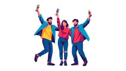 Festive Celebration with Drink Cans: Three friends celebrating joyfully, raising drink cans in a moment of festive revelry. They stand for vibrant friendship and the simple joy of togetherness.