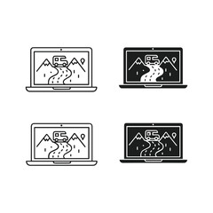 Laptop screens displaying mountain landscape with winding river and map elements