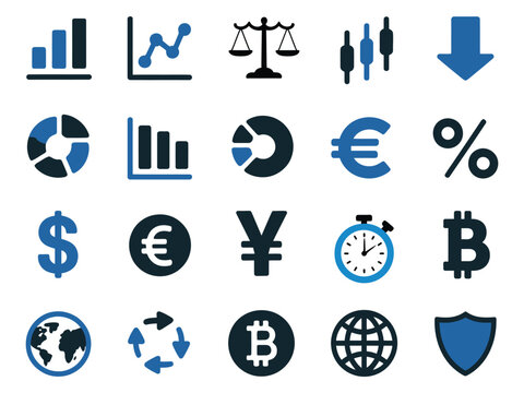 Array of financial icons representing graphs, currencies, and global finance.