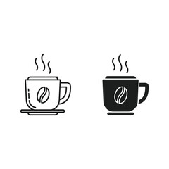 Two contrasting coffee cup icons with steam and coffee bean symbol