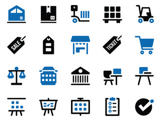 A collection of delivery and logistics icons in blue and black styles, featuring shipping and retail symbols.