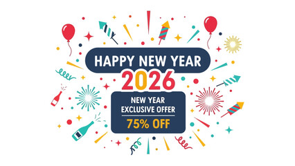 New Year's Offer: A vibrant promotional graphic that offers a special New Year's offer of 75% off. It's a colorful visual that is designed to capture attention and promote the offer.