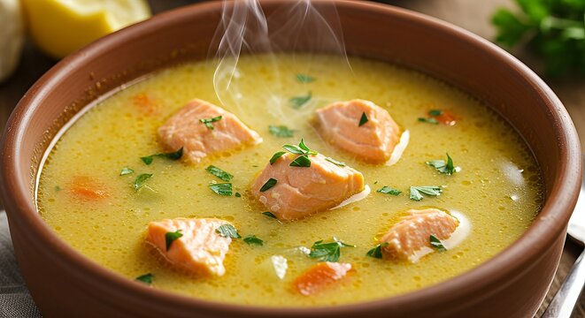 Steaming bowl of creamy salmon soup with fresh herbs and vegetables, ready to be enjoyed.