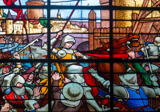 Stained glass (19th century) of Saint Joan of Arc. Saint of the Roman Catholic Church.