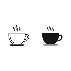 Two steaming coffee cups one outline one solid black icon on white background