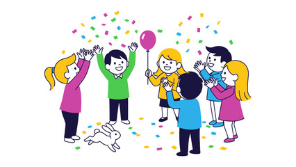 Joyful Gathering: A group of delighted children, gathered in a flurry of color and glee, celebrate with a cheerful pink balloon, confetti, and a friendly bunny in an atmosphere of pure delight.
