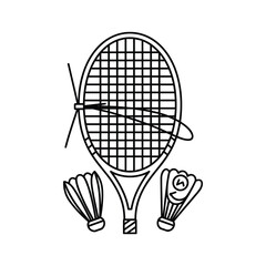 Badminton racket and shuttlecocks isolated on in line art