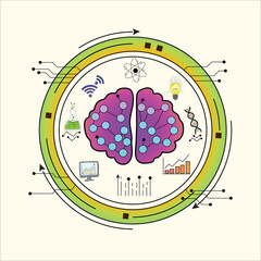 Science and Technology concept illustration featuring a human brain with neural networks surrounded by STEM icons (DNA, atom, chemistry, wifi) in a circular layout