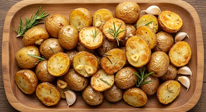Close-up shot of roasted potatoes with rosemary and garlic on a wooden tray. - Powered by Adobe