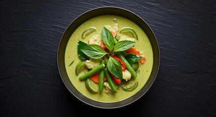 Green curry with chicken and vegetables in a dark bowl