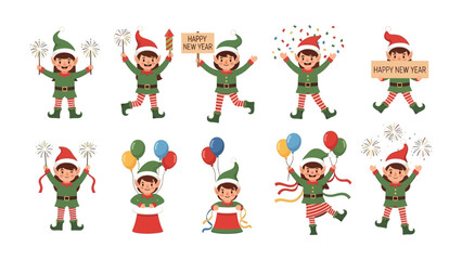 Holiday Cheer Elves Collection: A delightful compilation of cheerful elves, each embracing festive objects and spreading joy, celebrating New Year and special events. 