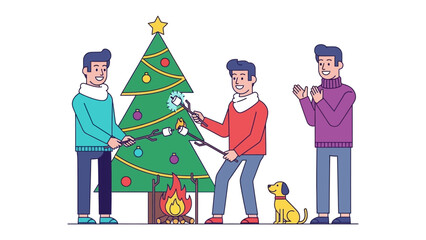 Joyful Holiday Gathering: Friends gather around a Christmas tree, roasting marshmallows over a crackling fire. capturing the spirit of togetherness and festive cheer.