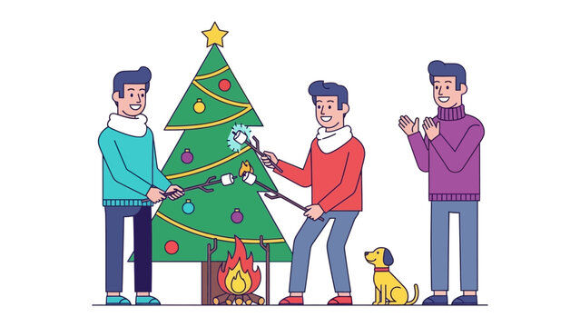 Joyful Holiday Gathering: Friends gather around a Christmas tree, roasting marshmallows over a crackling fire. capturing the spirit of togetherness and festive cheer.