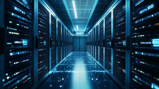 Powerful server room ready for data hosting and cloud computing solutions, showcasing modern technology and a secure network for your global business