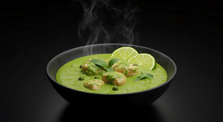 Steaming green soup with meatballs and lime slices