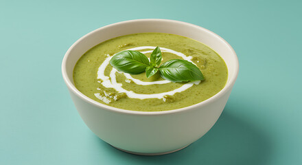 Green soup with cream swirl and basil leaves bowl