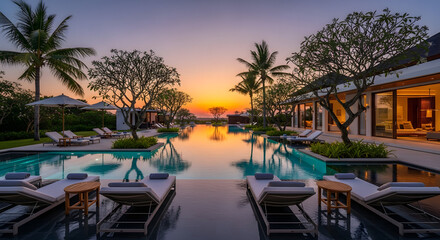 Fototapeta premium Serene Sunset Reflection Luxury Poolside Retreat with Palm Trees