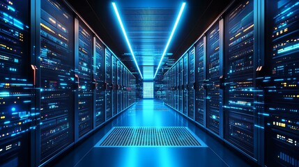 Immersive data center hallway with vibrant blue lights offers a futuristic digital storage solution for technology infrastructure and cloud computing needs