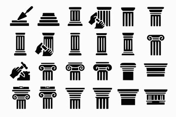 Fototapeta premium Architectural Column Icons Showing Base Molding Shaft Fluting Capital Carving and Entablature Alignment in Black Silhouettes on White Background