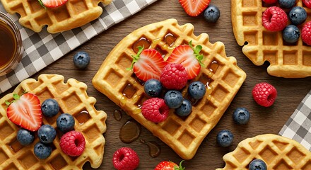 Delicious waffles topped with fresh berries and syrup on a wooden surface.