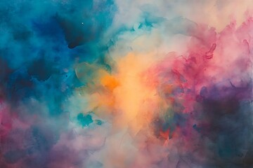 Dreamy watercolor explosion creating a vibrant cloud of blending blues, pinks, oranges, and purples