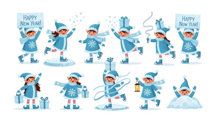 Holiday Elves Festive Array: A collection of delightful elf characters celebrates the New Year, offering gifts and spreading joy with vibrant attire and cheerful expressions.