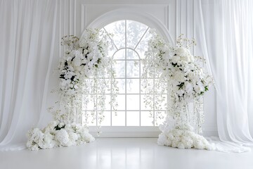 Elegant wedding backdrop with white flowers, arched window, and sheer draped curtains for ceremony