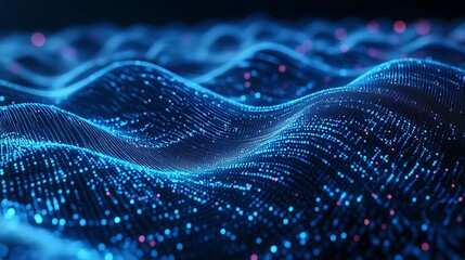 Stunning digital landscape with glowing blue dots and waves, perfect for modern technology and data concepts with a vibrant, futuristic feel
