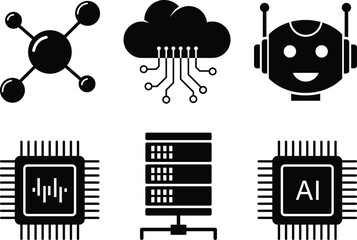 Artificial intelligence cloud computing technology server vector icon set