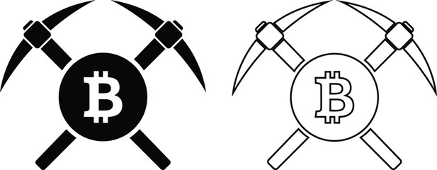 Bitcoin cryptocurrency mining symbol black and outline icon vector