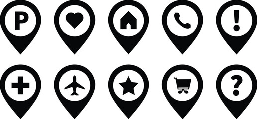 Black Map Location Pins Set Navigation and POI Symbols Vector 