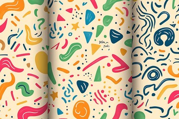Energetic hand drawn vibrant shapes and squiggles create modern seamless decorative patterns