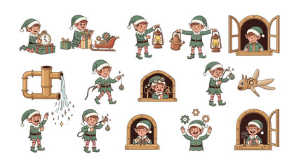 Naklejka premium Playful Elf Set: A charming set of elf illustrations, capturing the whimsical nature of holiday preparations and winter joy.
