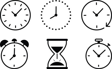 Time clock alarm stopwatch and hourglass line icon vector set