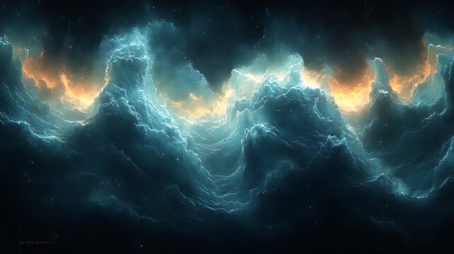 Ethereal celestial clouds swirling in deep space with vibrant blue and orange nebulae forming glowing patterns