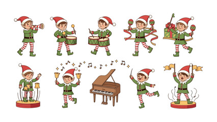 Merry Elf Orchestra: A whimsical collection of elf musicians, each joyfully playing a unique instrument against a festive backdrop, representing the spirit of the holiday season.