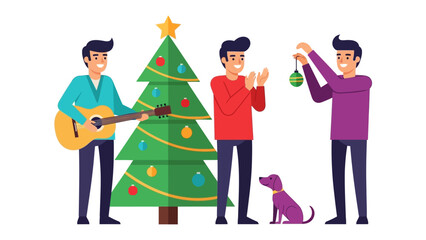 Festive Friends & Holiday Joy: Three friends celebrate the holiday season, complete with a decorated Christmas tree, a loyal dog, and an acoustic guitar. Evoking warmth, friendship.