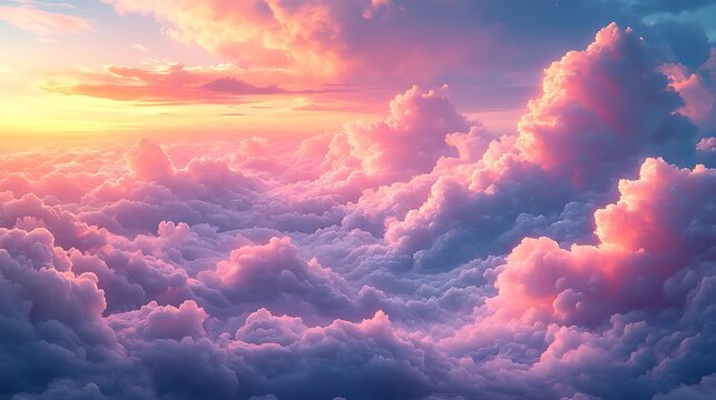 Expansive cloud river flowing under a vast sky illuminated by golden and soft pink light at dawn