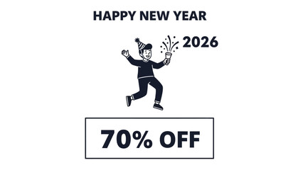 New Year Discount 2026: A playful scene celebrates the New Year 2026 with a significant discount offer. A joyful character with fireworks and party decorations.