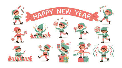 Festive Elves Greeting New Year: A delightful array of playful elves, adorned in vibrant festive attire, are joyfully celebrating the arrival of the New Year.