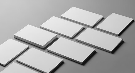 Multiple stacks of blank white business cards or name cards arranged diagonally on a sleek gray background, perfect for branding mockups