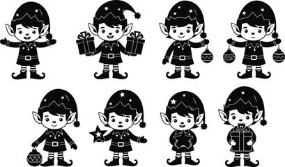 Cute Christmas Elf Silhouette Vector Illustration Set, Santa's Helper Character with Gifts, Ornaments, and Star in Various Poses, Black and White Holiday Graphic Design.