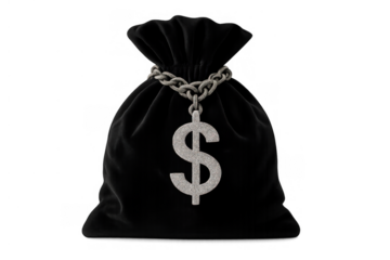 Black velvet money bag with chain and dollar sign, symbolizing wealth, savings, and financial success on transparent background