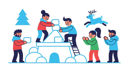 Snow Fort Fun: A group of friends collaborates on building a snow fort, creating a playful winter scene, encapsulating the delight of friendship and seasonal festivities. 